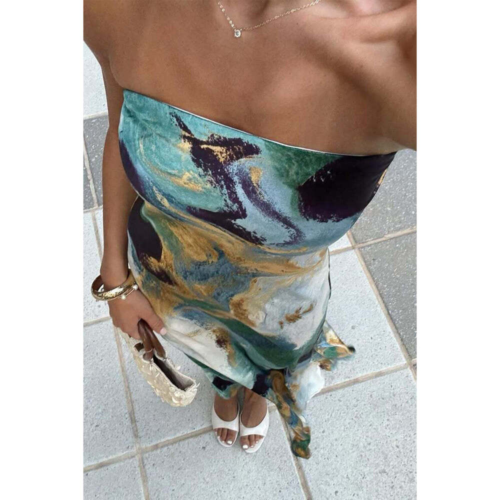 12th Tribe Natalia Blue and Gold Watercolor Strapless Maxi Dress Size XSXS - Picture 1 of 3